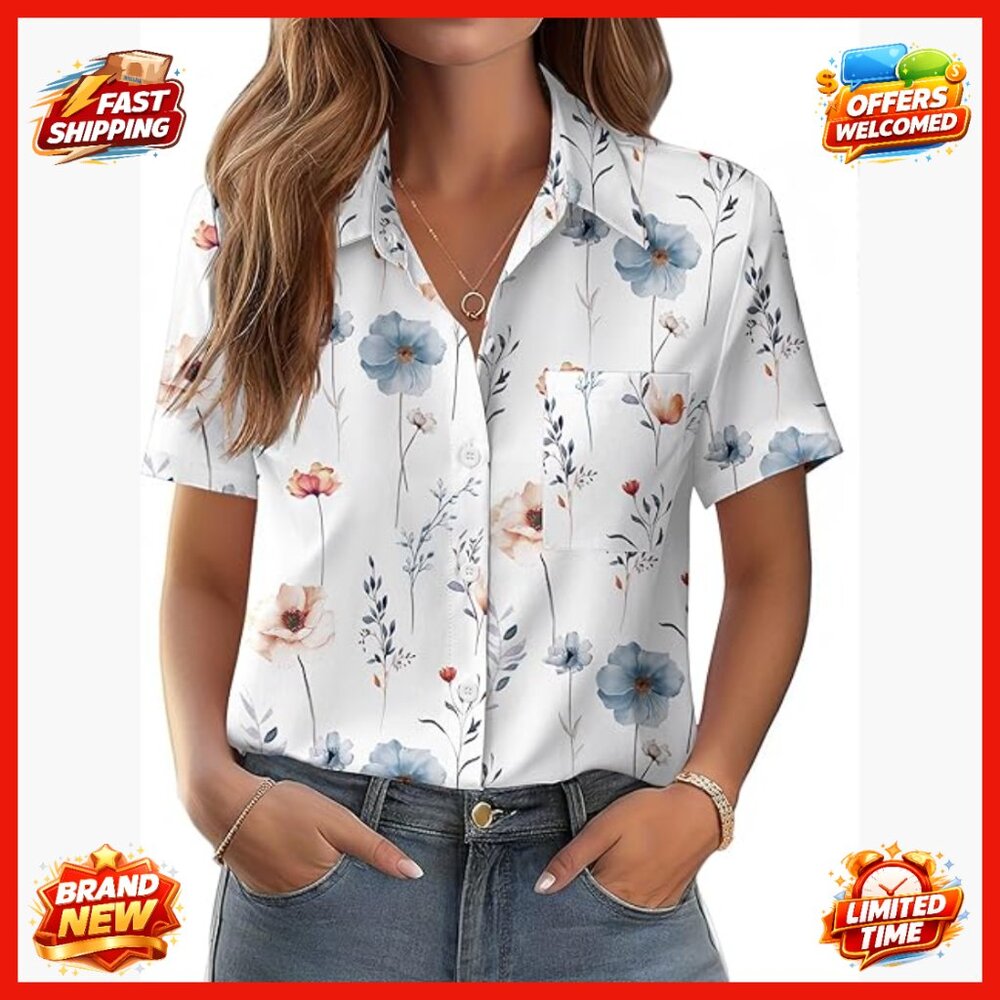 Short Sleeve Button Down Blouse with Bust Pocket Business Casual Work Top